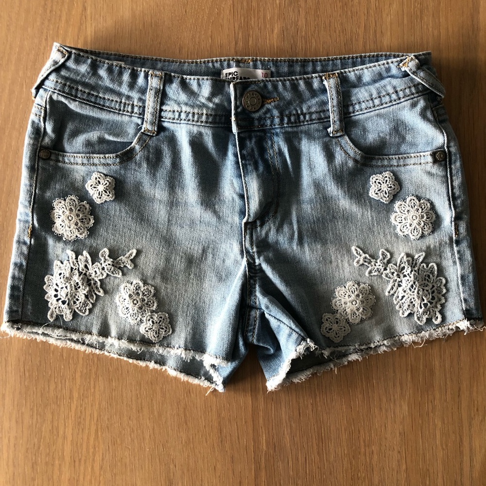 Epic Threads Light Blue Denim Shorts with White Crochet Floral Appliqués